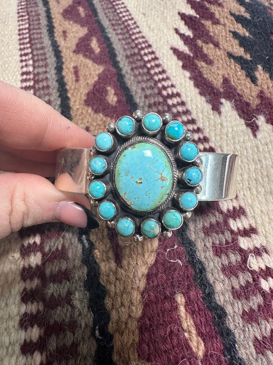 Beautiful B Johnson Handcrafted Sterling Turquoise Cluster Bracelet Cuff Signed /