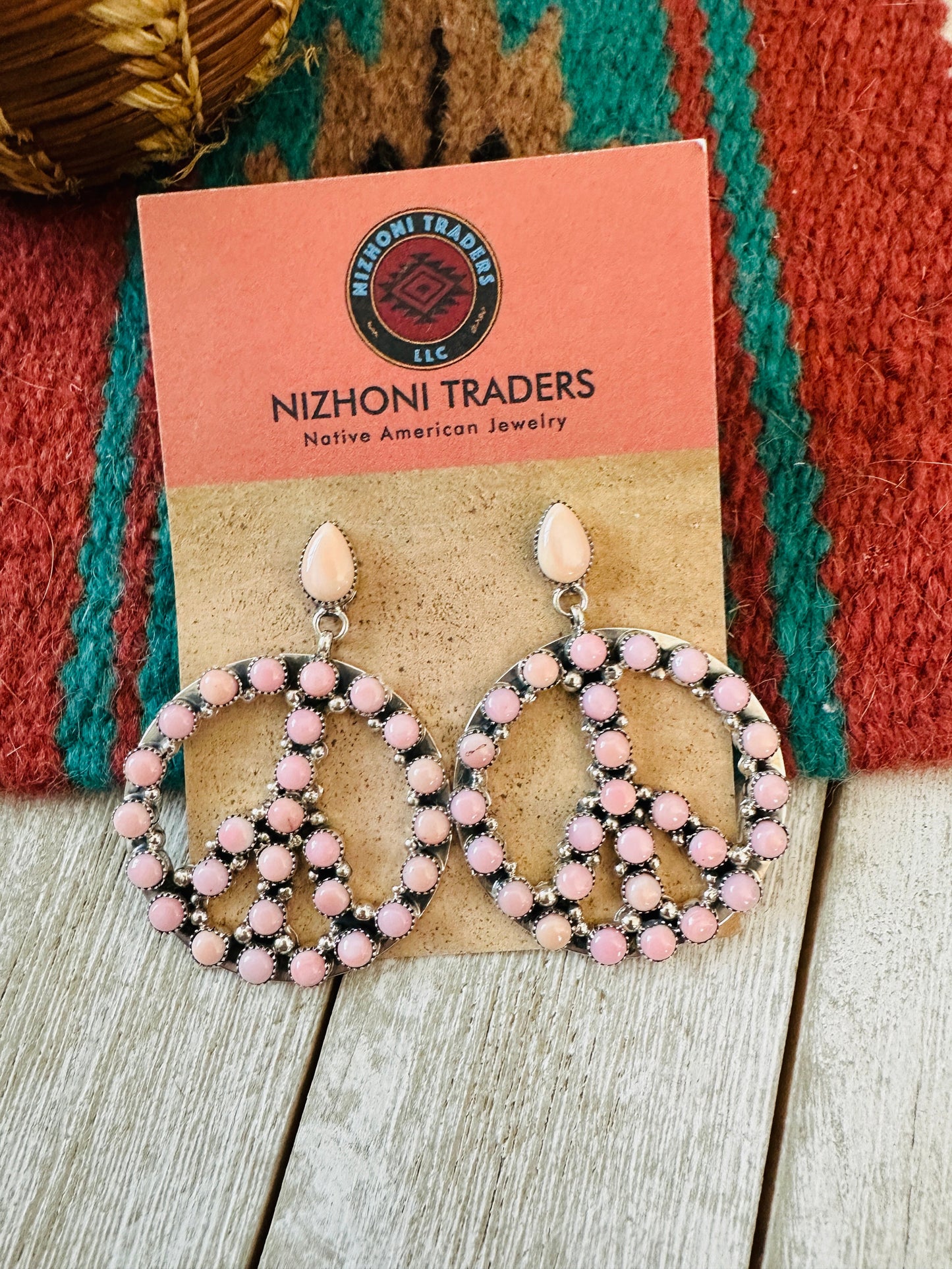 Handcrafted Queen Pink Conch & Sterling Silver Peace Sign Dangle Earrings