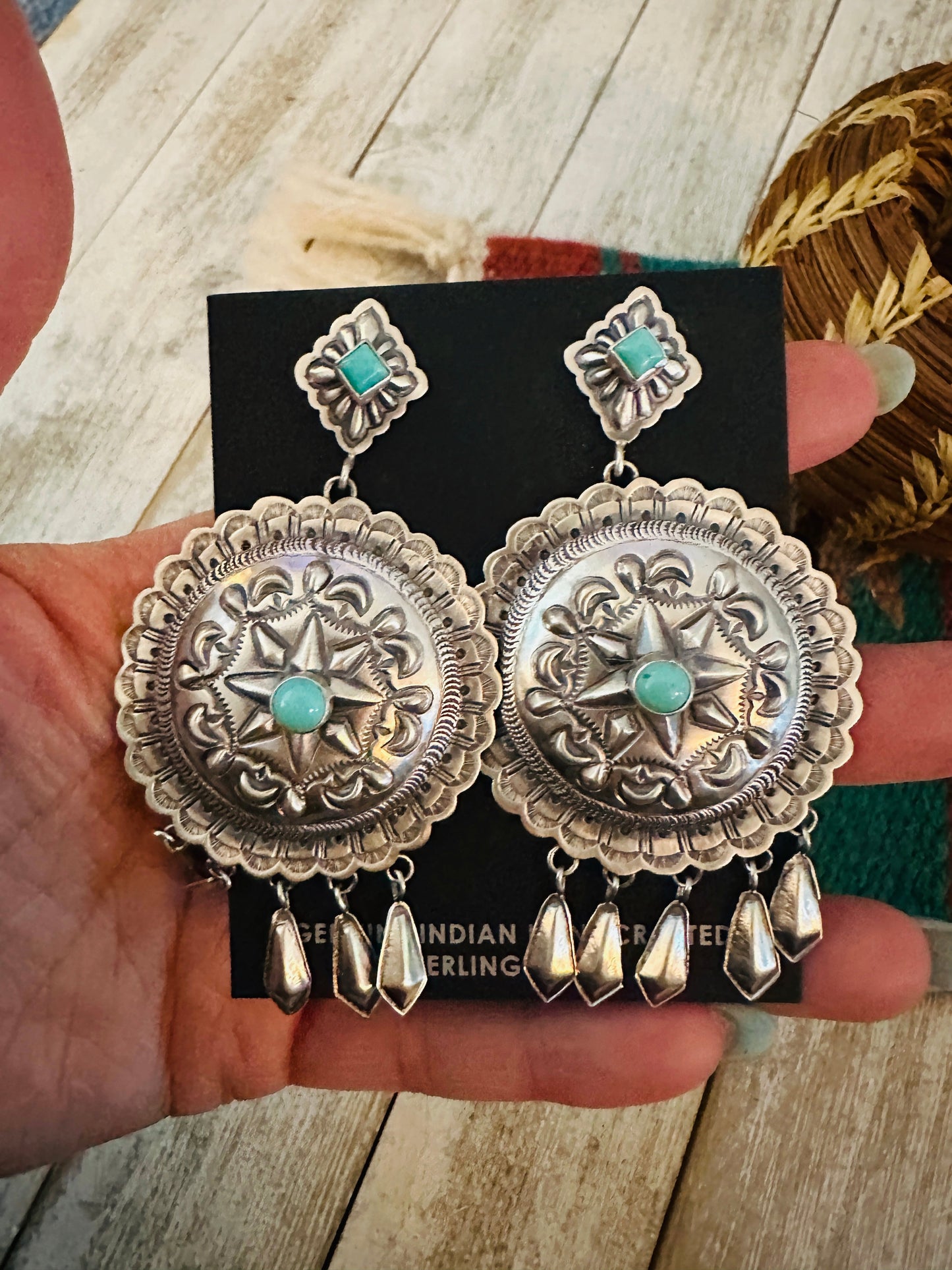 Handcrafted Turquoise & Sterling Silver Concho Dangle Earrings by Eugene Charley