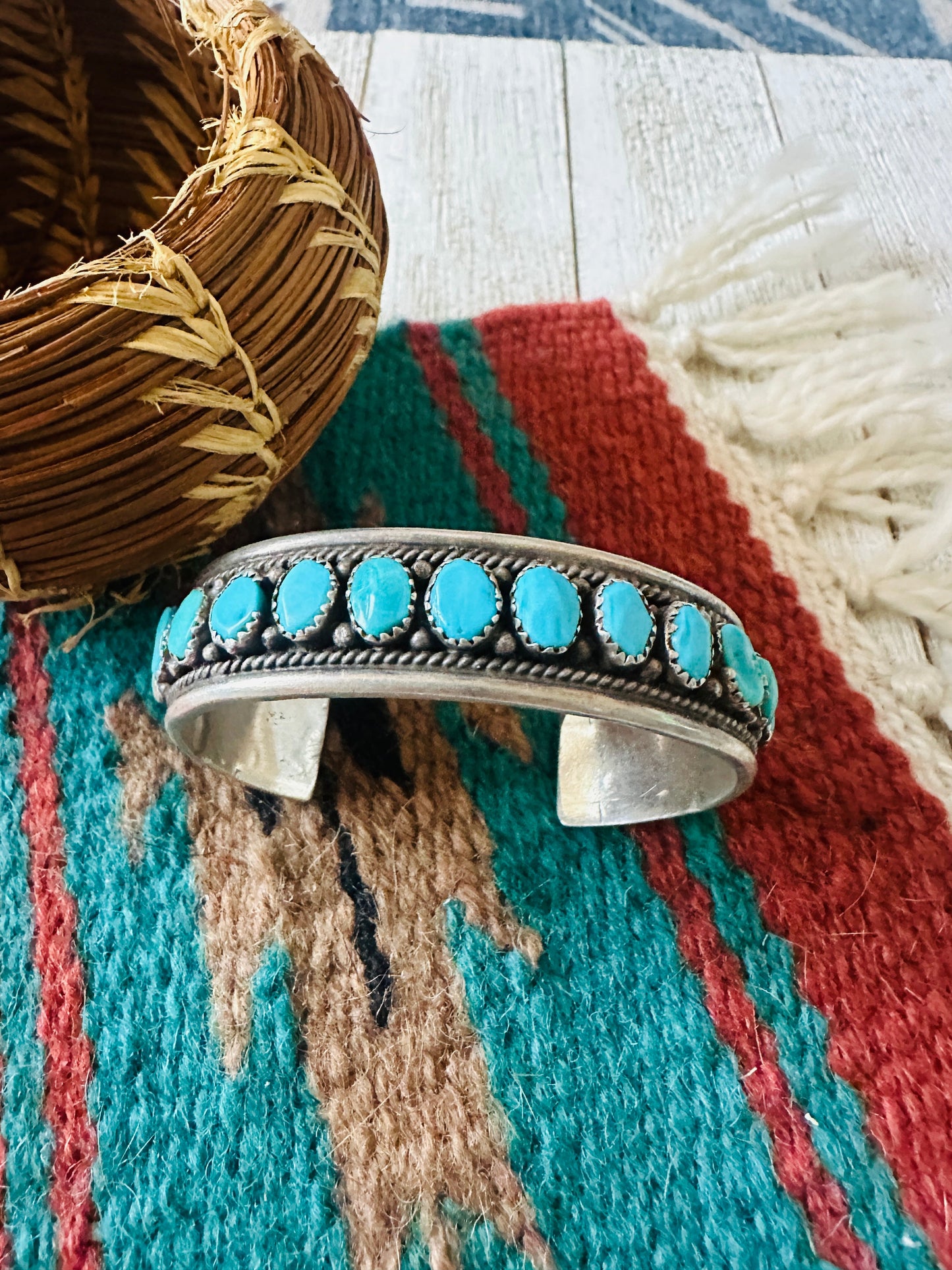 Old Pawn Handcrafted Sterling Silver & Turquoise Cuff Bracelet /