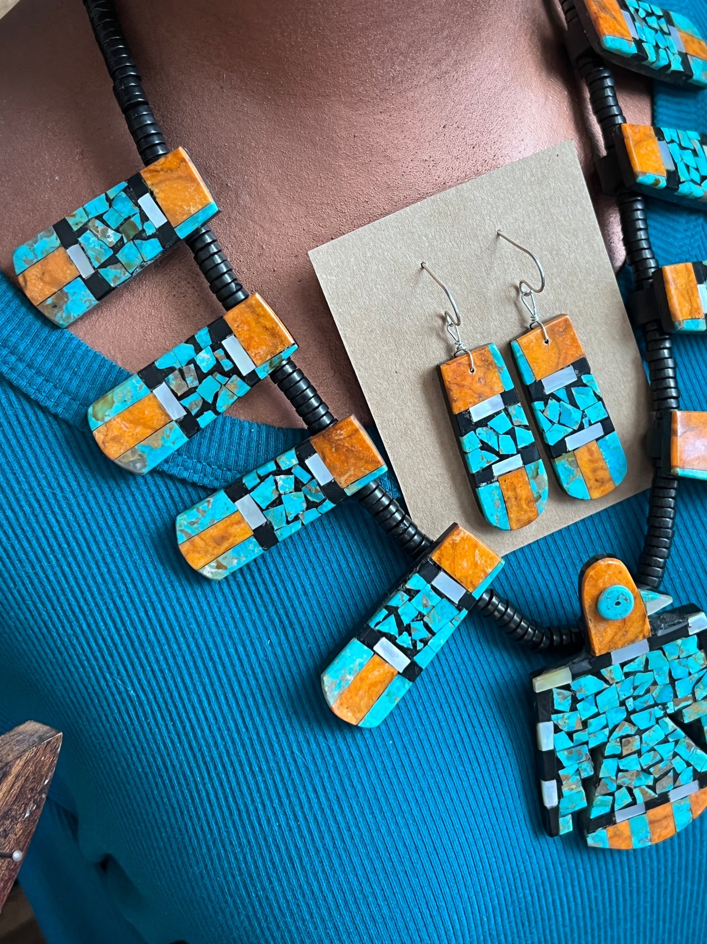 Handcrafted Inlay Turquoise and Apple Coral Thunderbird Tab Necklace & Earrings Set by Warren Nieto