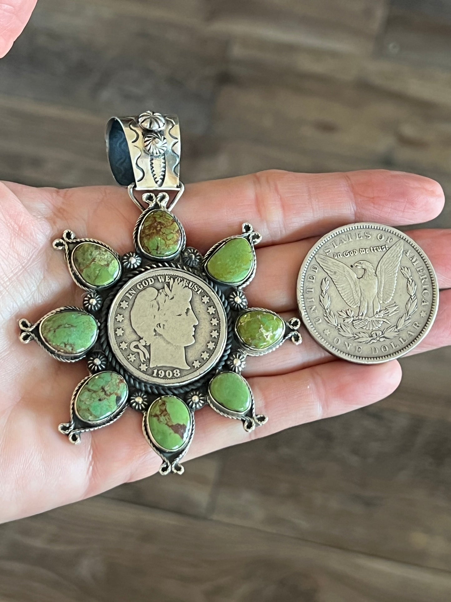 Apache Made Sterling Silver and Egyptian Turquoise Coin Cluster Pendant by Rosella Paxson