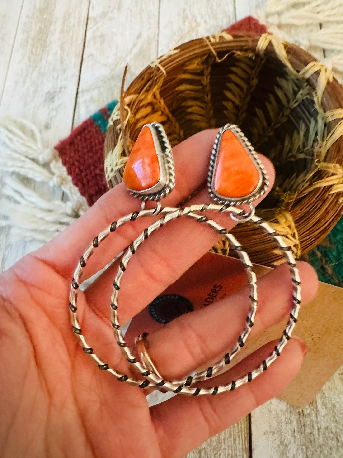 Handcrafted Orange Spiny and Sterling Silver Dangle Hoop Earrings