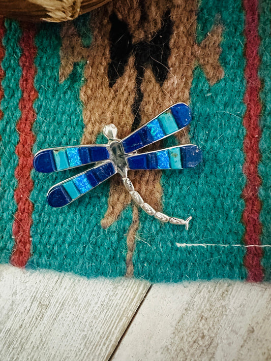 Handcrafted Sterling Silver and Multi Stone Inlay Dragonfly Brooch