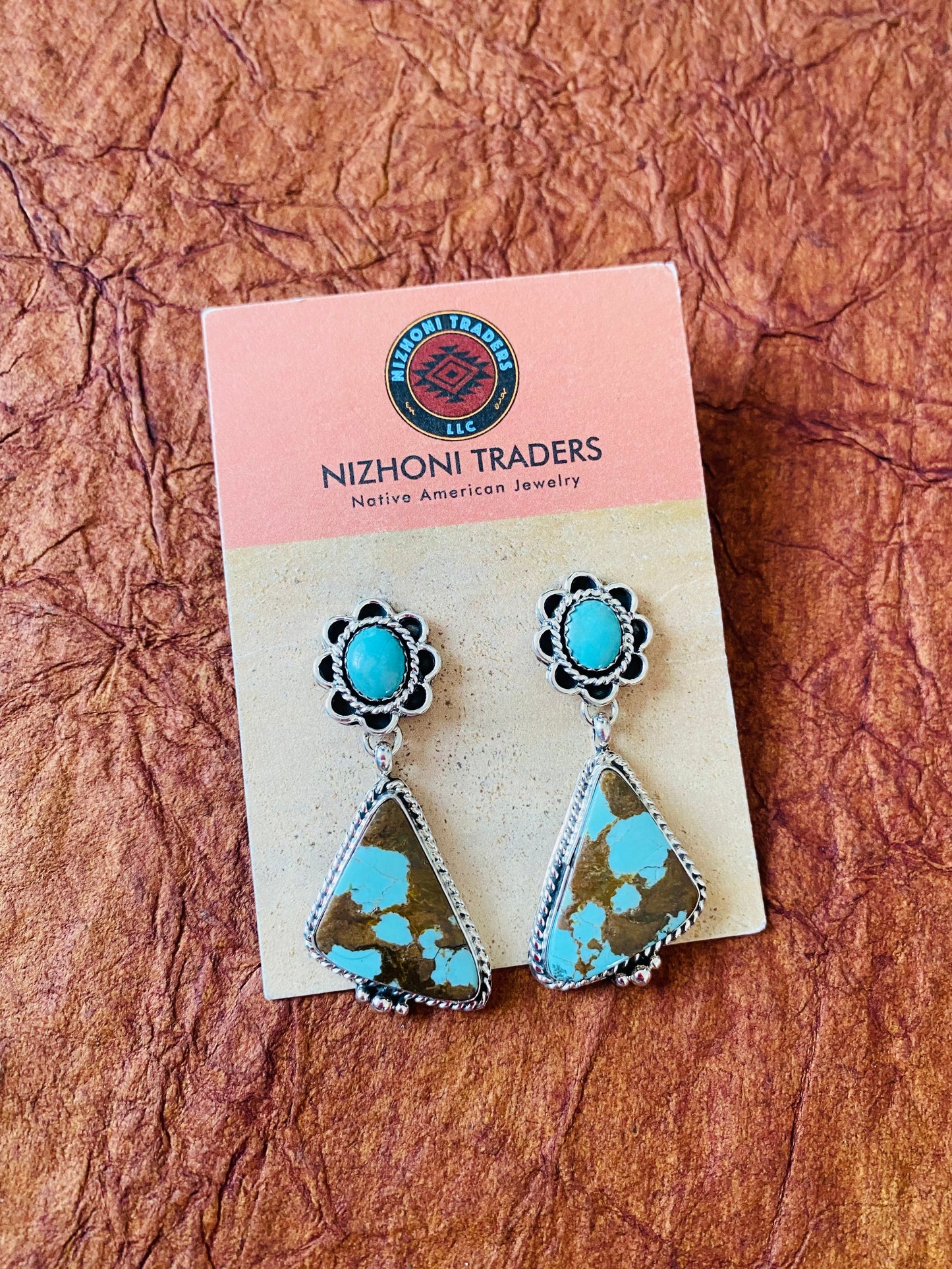 Navajo Number 8 Turquoise & Sterling Silver Flower Dangle Earrings