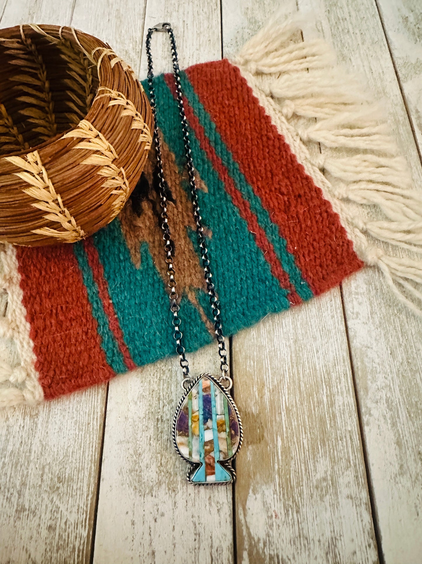 Handcrafted Sterling Silver & Multi Stone Inlay Spade Necklace