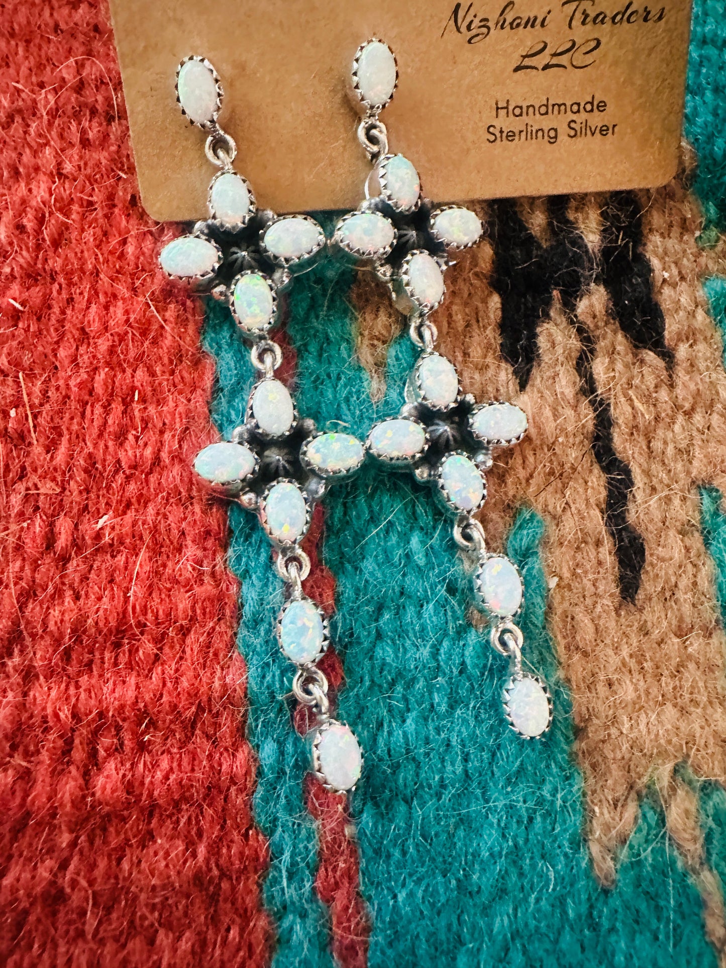 ** Christmas Collection ** Handmade Sterling Silver & Opal Dangle Earrings Signed Nizhoni