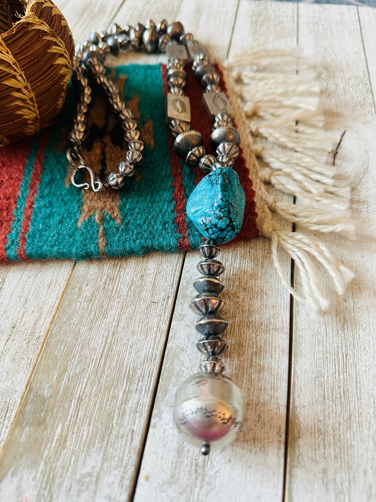 Handcrafted Turquoise & Sterling Silver Pearl Beaded Lariat Necklace