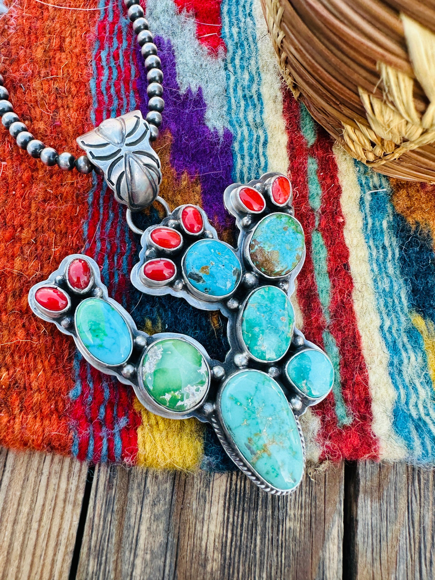 Handcrafted Sterling Silver, Turquoise & Coral Cactus Pendant by Charles Johnson