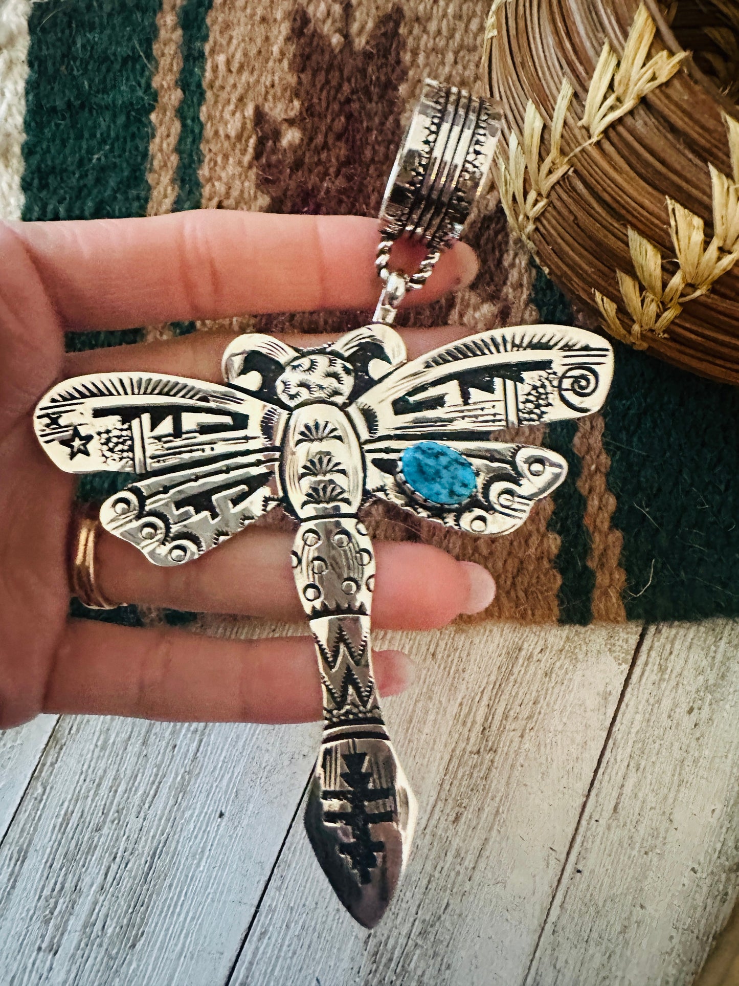 Handcrafted Turquoise & Sterling Silver Dragonfly Pendant Signed Richard Singer
