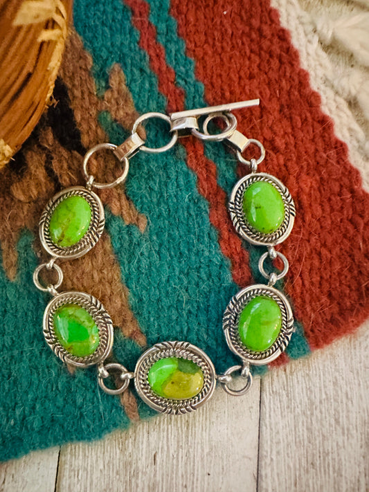 Handcrafted Green Kingman Turquoise & Sterling Silver Link Bracelet