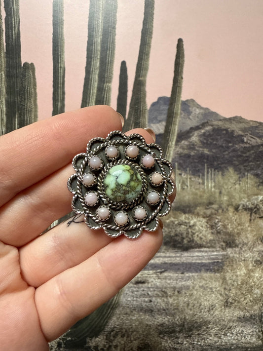 Handmade Pink Conch & Palomino Turquoise Sterling Adjustable Ring
