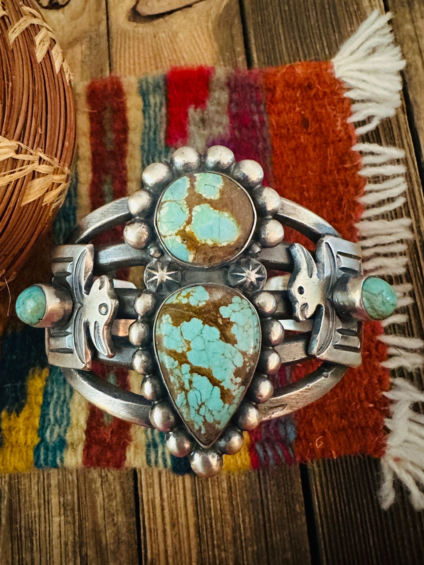 Handcrafted Sterling Silver & Number 8  Turquoise Thunderbird Cuff Bracelet by Chimney Butte