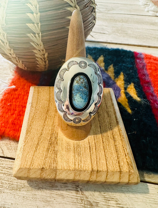 Handcrafted Golden Hills Turquoise & Sterling Silver Shadowbox Ring Size 8