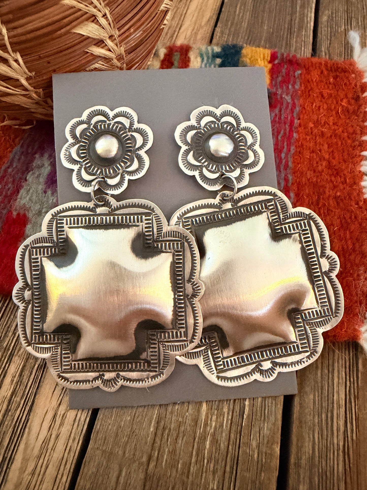 Handcrafted Sterling Silver Concho Cross Dangle Earrings by Leander Tahe