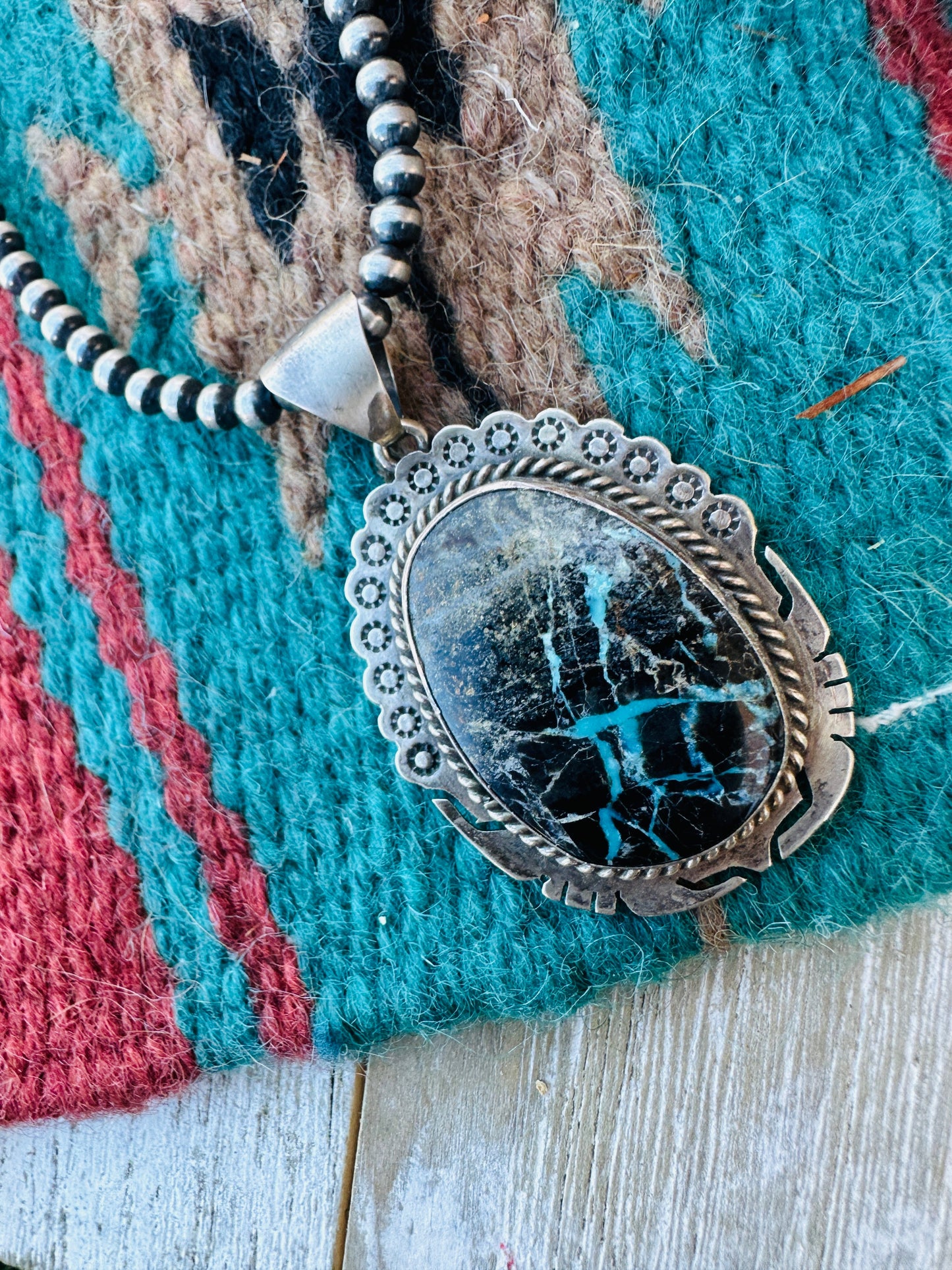 Handcrafted Sterling Silver and Black Jack Turquoise Pendant by Peggy Skeets