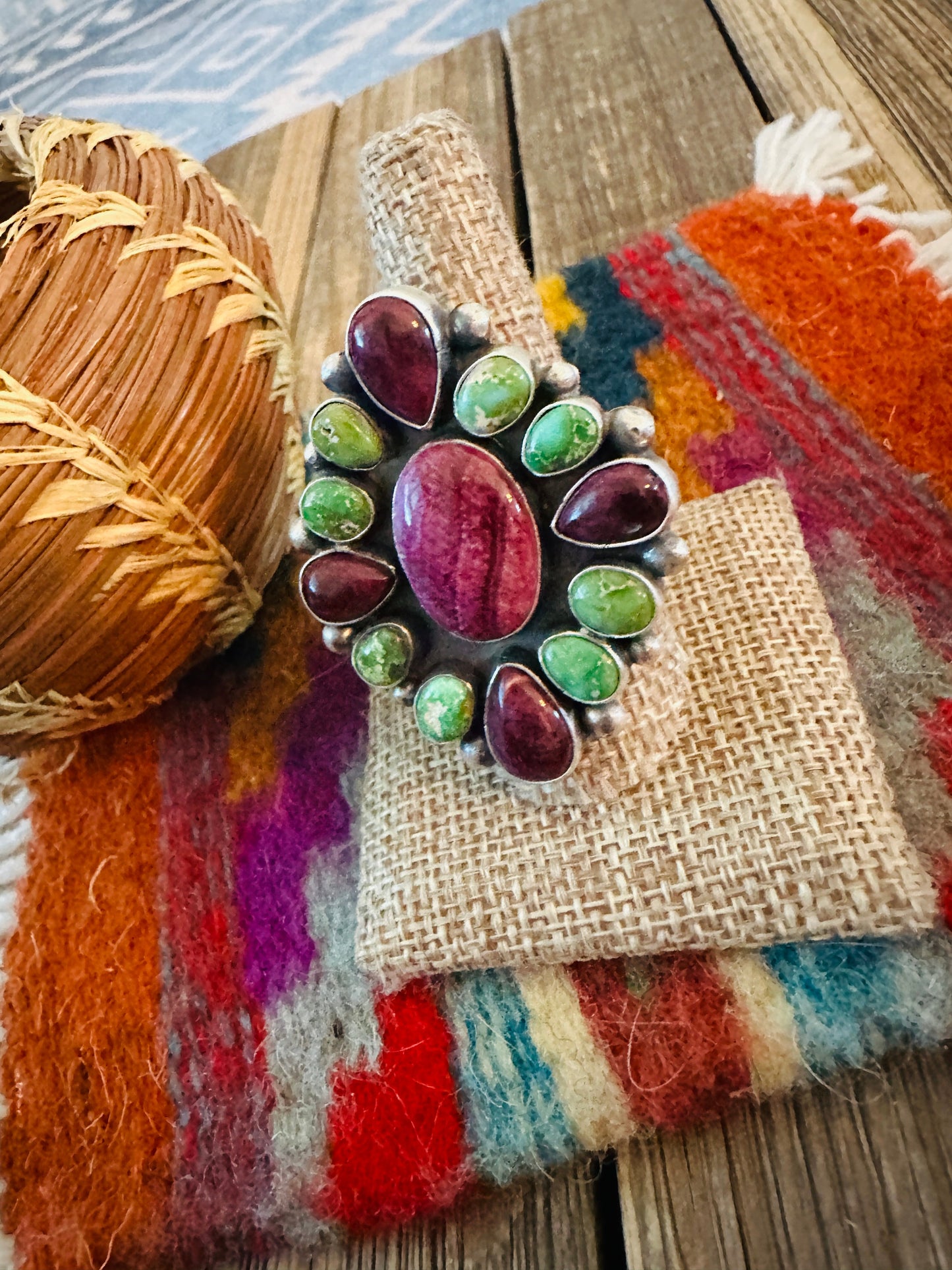 Handcrafted Spiny, Turquoise & Sterling Silver Adjustable Cluster Ring by Rena Shelly
