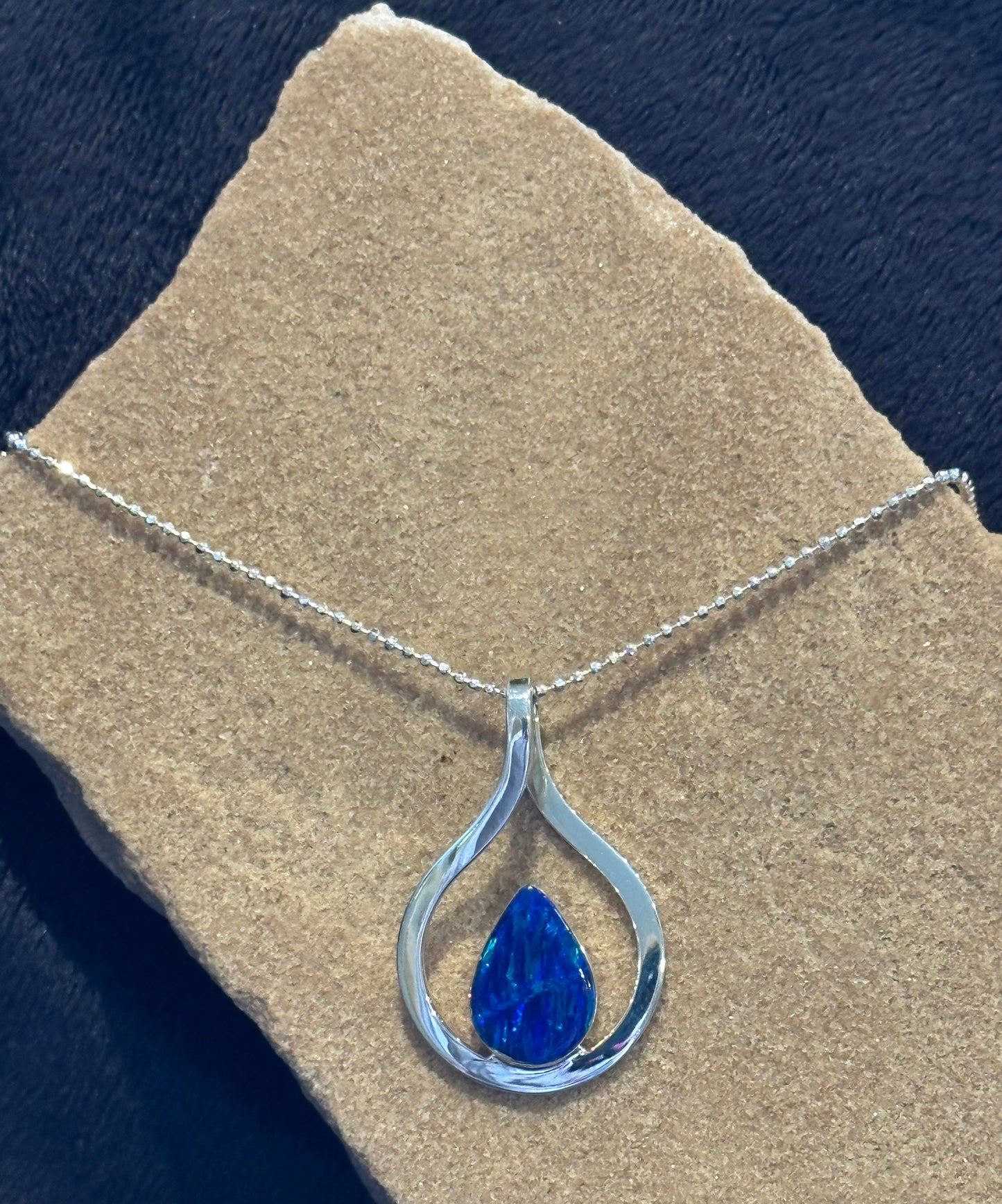 Dark Blue Opal Teardrop in Sterling Silver Frame Necklace
