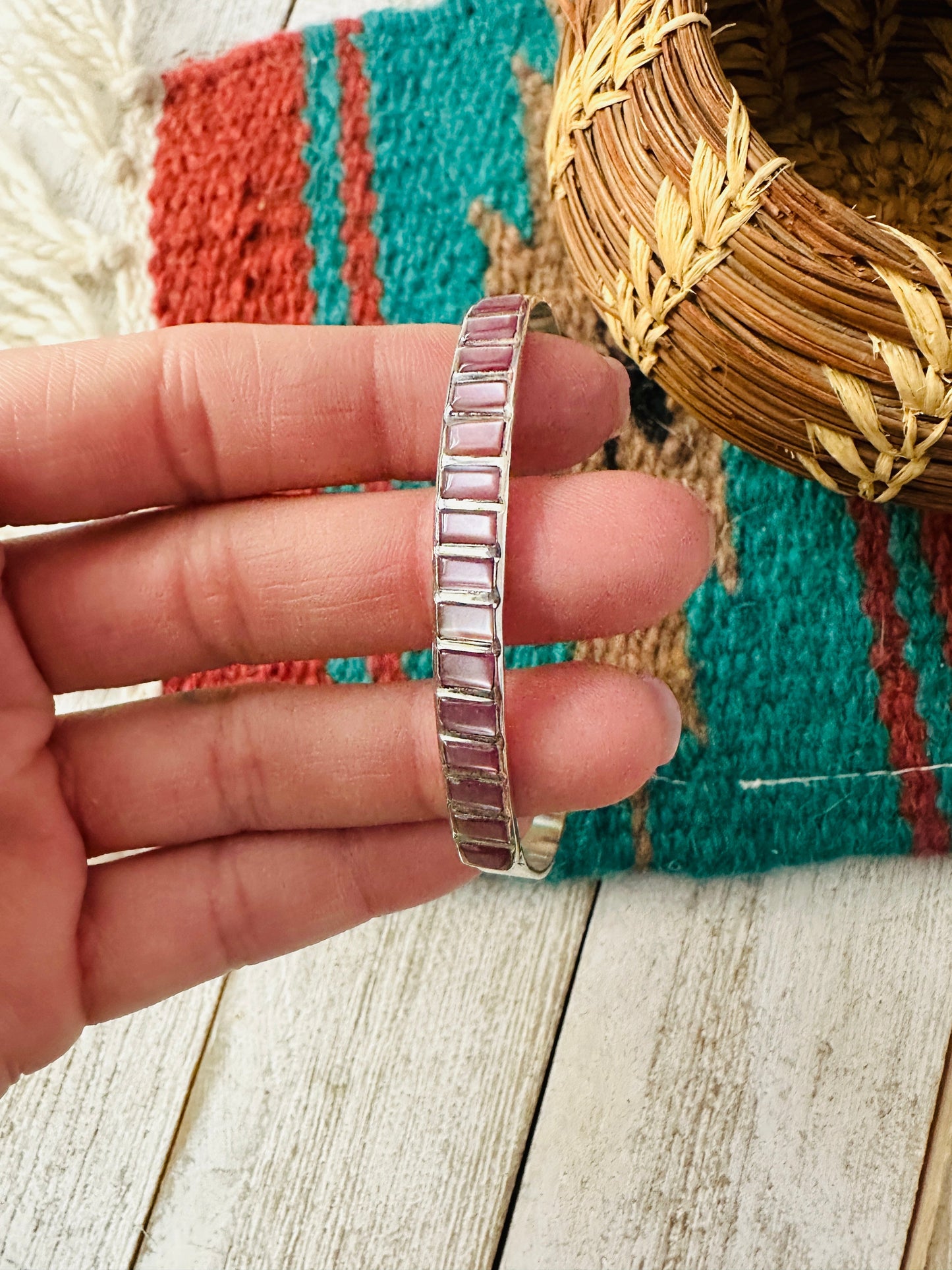 Mother of Pearl & Sterling Silver Inlay Cuff Bracelet /