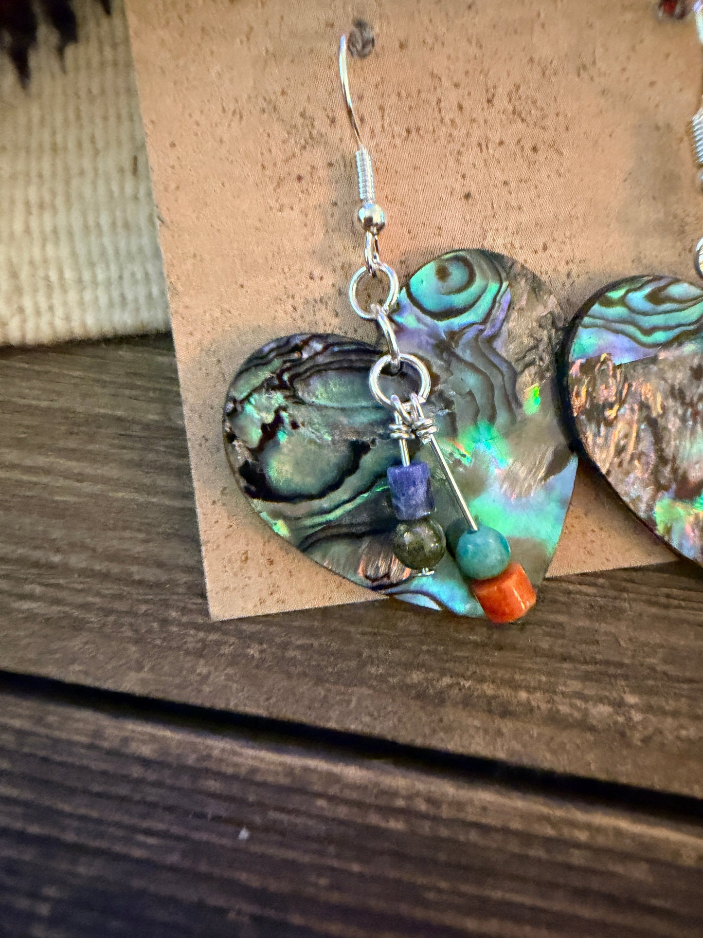 Handcrafted Abalone Slab Heart Dangle Earrings