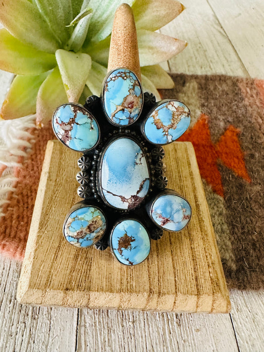 Handcrafted Golden Hills Turquoise & Sterling Silver Cluster Ring Size 10