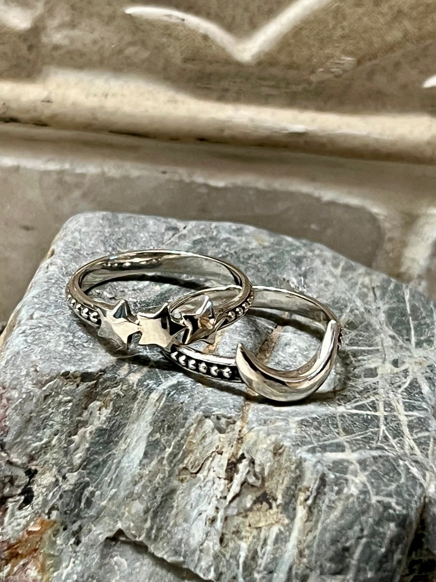 Crescent Moon & 3 Stars Sterling Silver Rings set of 2