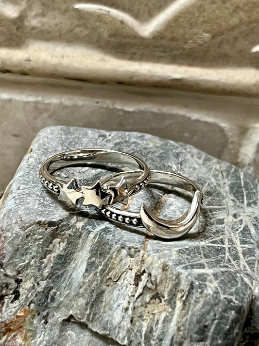 Crescent Moon & 3 Stars Sterling Silver Rings set of 2