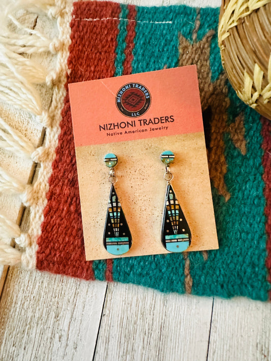 Handcrafted Sterling Silver & Multi Stone Inlay Dangle Earrings