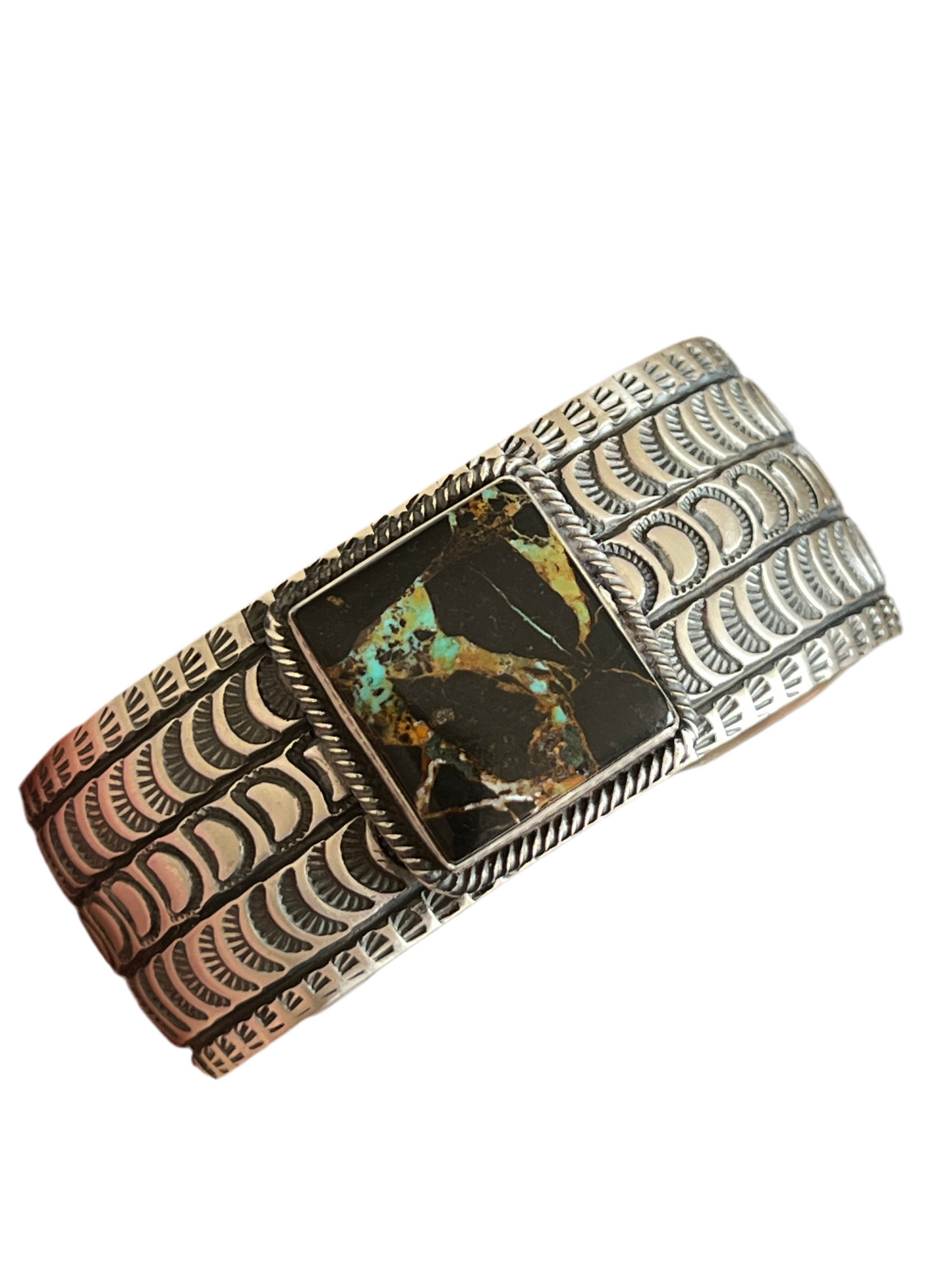 Handcrafted Sterling Silver and Blackjack Turquoise Hand Stamped Cuff Bracelet by Randy Boyd