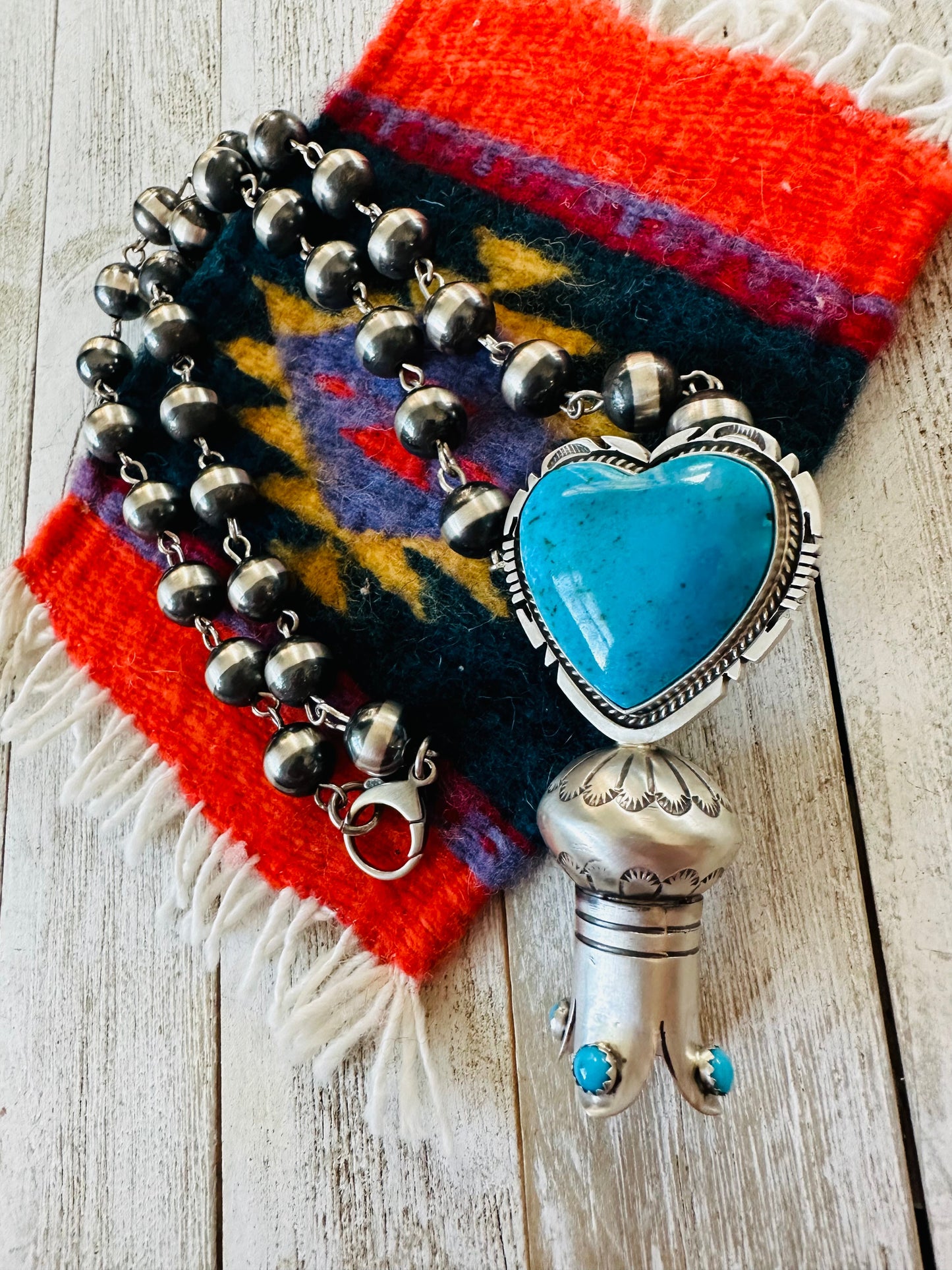 Handcrafted Sterling Silver & Turquoise Heart Blossom Beaded Necklace