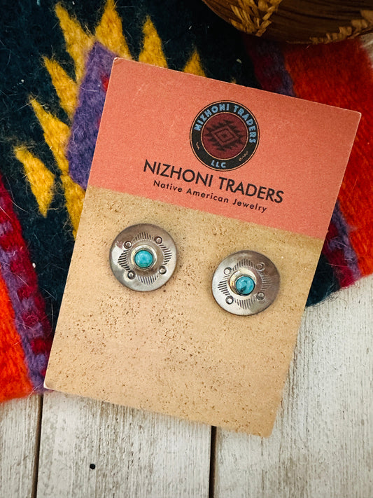 Handcrafted Hand Stamped Sterling Silver & Turquoise Concho Stud Earrings