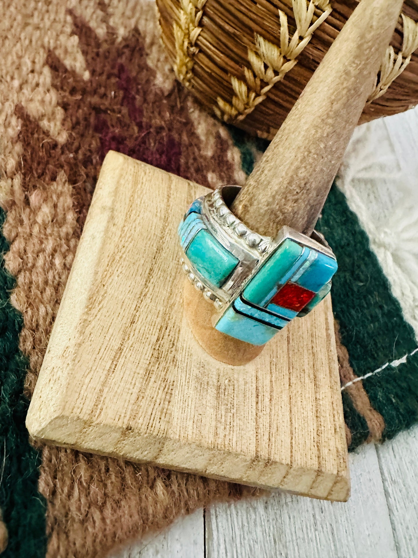 Handcrafted Sterling Silver & Multi Stone Inlay Ring Size 13