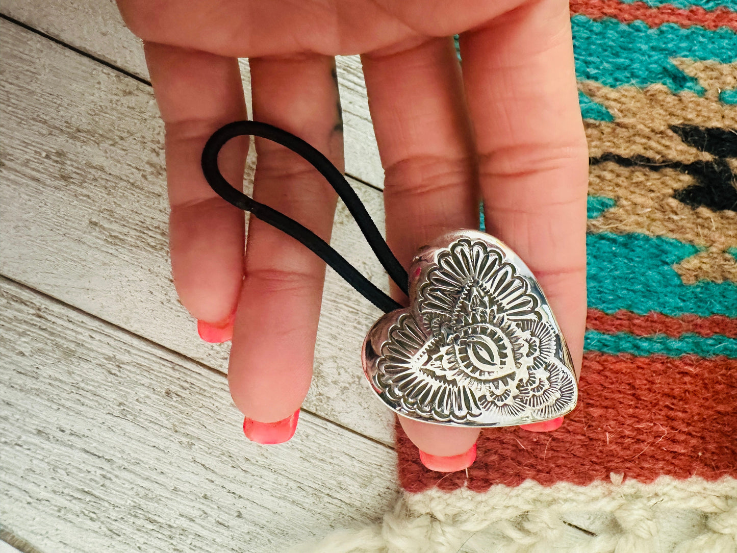 Handcrafted Hand Stamped Sterling Silver Heart Hair Tie