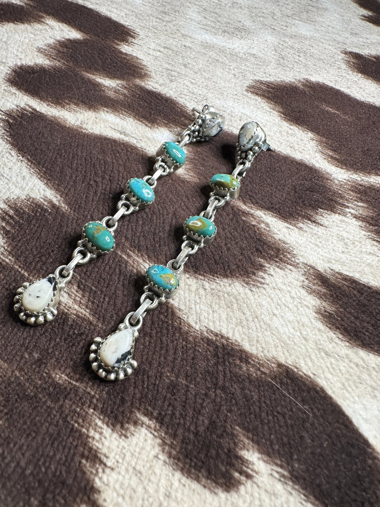 Handmade White Buffalo, Turquoise & Sterling Silver 5 Stone Dangle Earrings