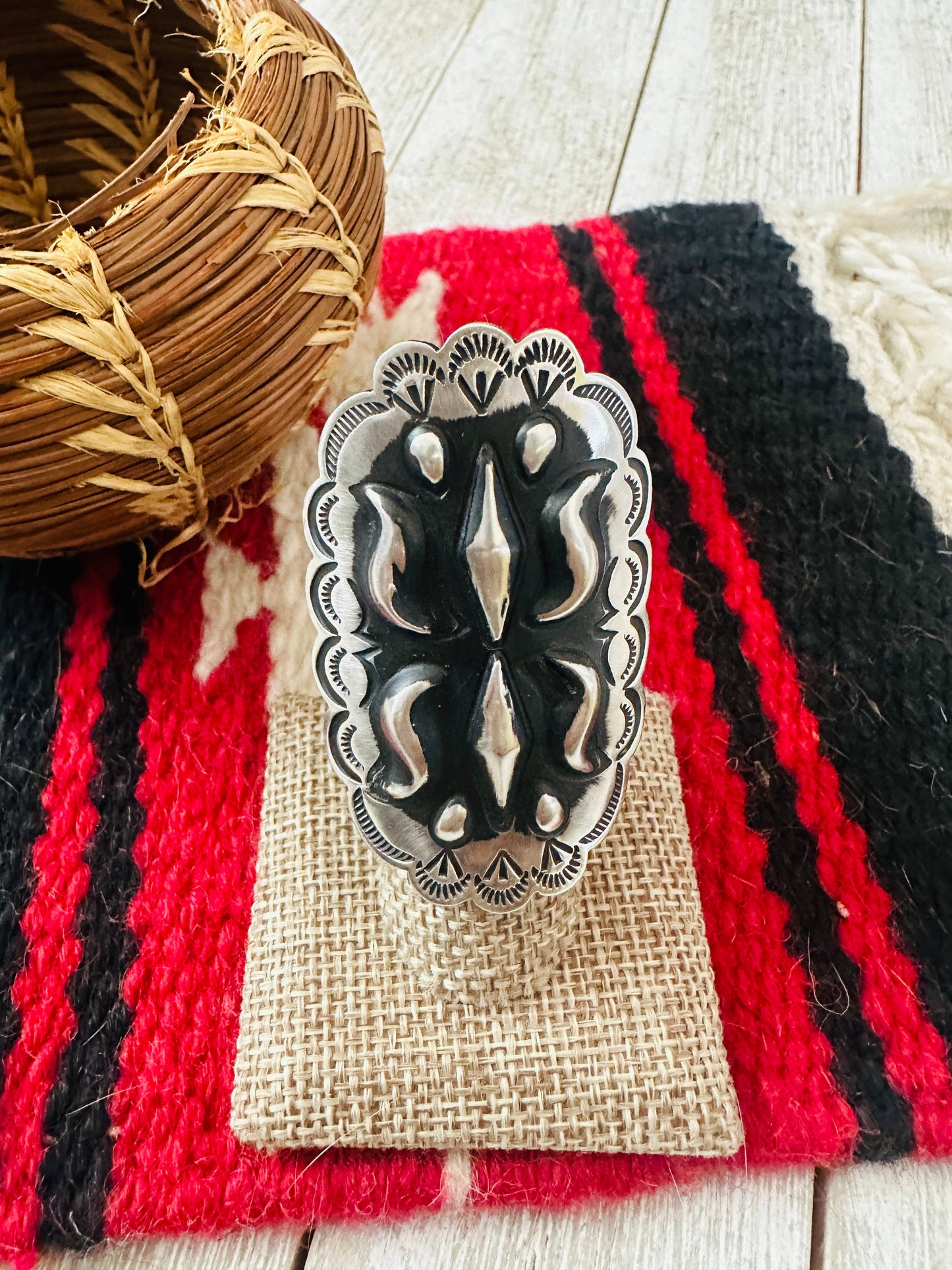 Handcrafted Sterling Silver Adjustable Concho Ring by Leander Tahe