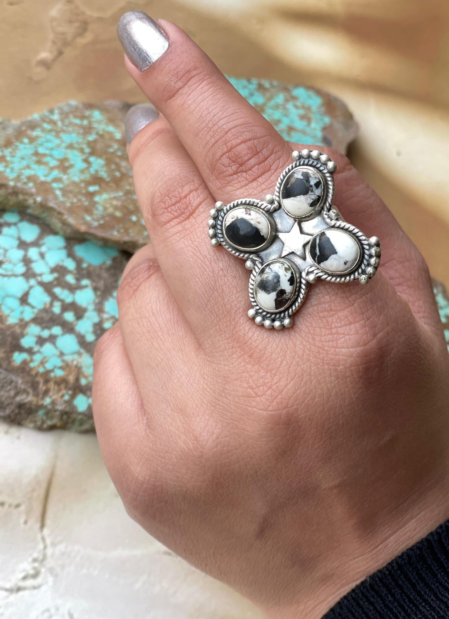 Handmade White Buffalo & Sterling Silver Adjustable STAR Ring