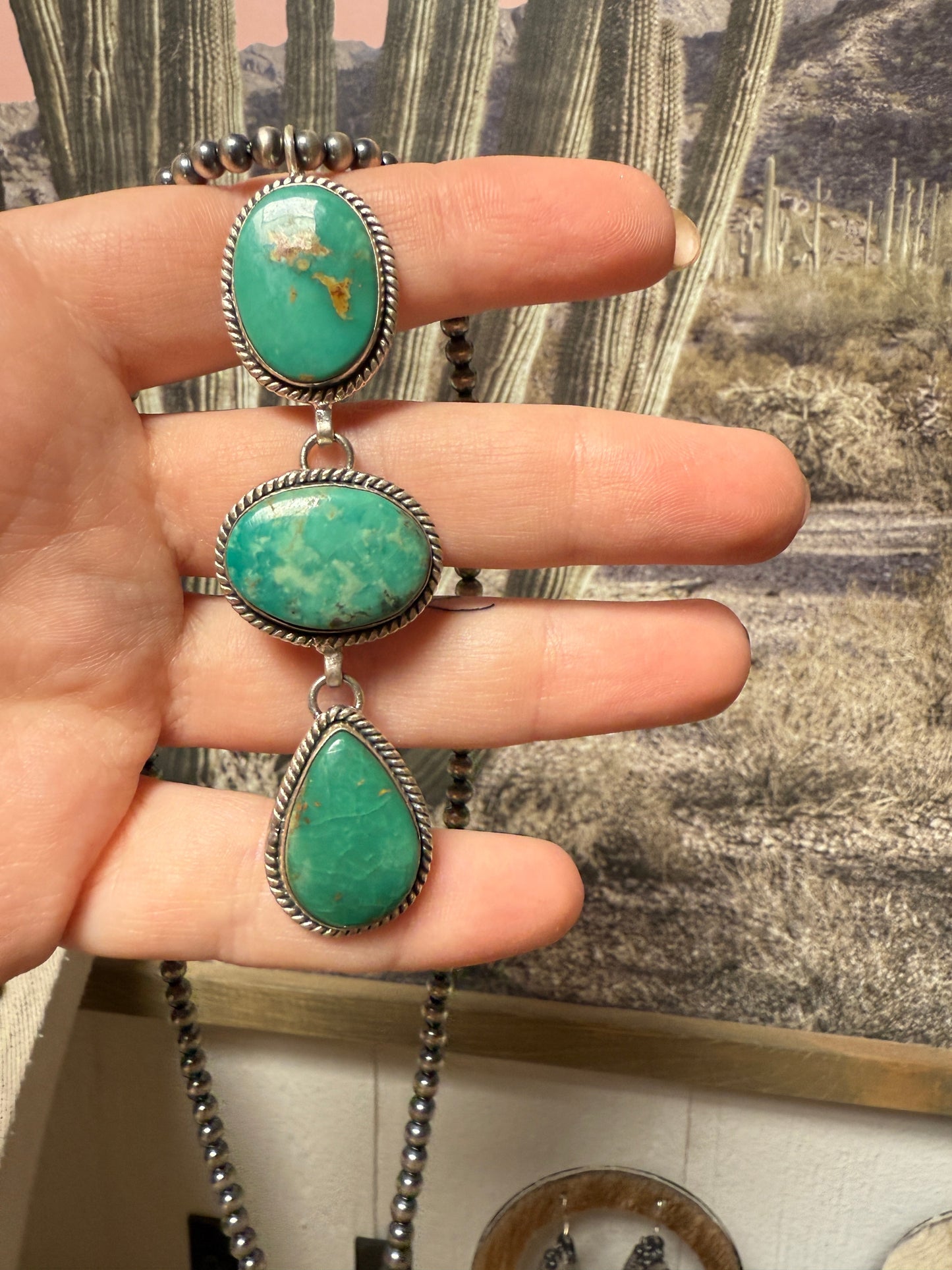 Handmade Sterling Silver & Royston Turquoise Lariat Necklace