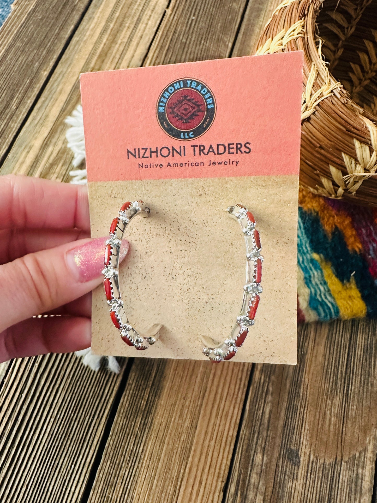 Handcrafted Coral & Sterling Silver Hoop Earrings