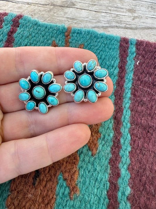 Handmade Flower Sterling Silver & Turquoise Post Earrings Signed Nizhoni