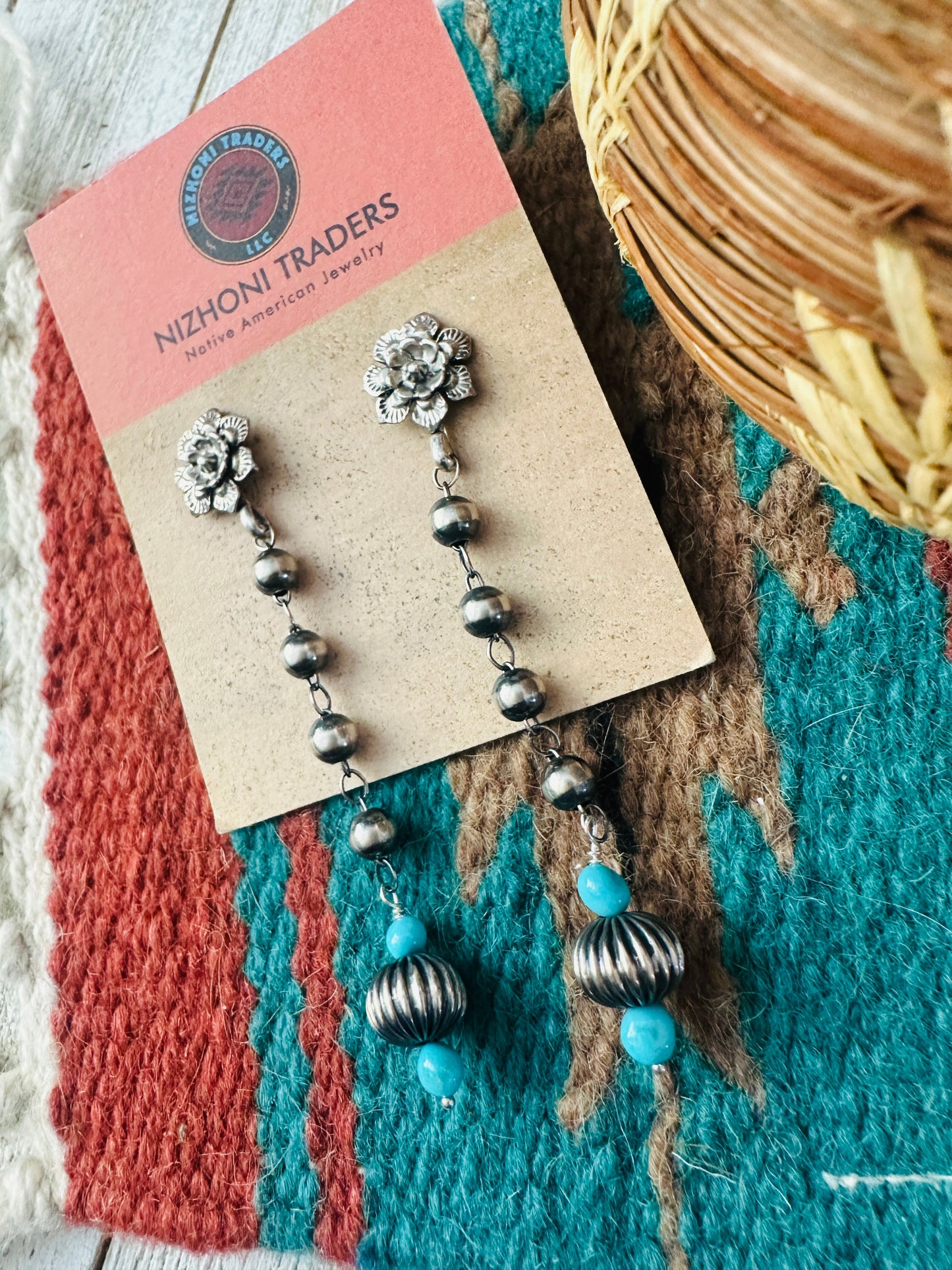 Handcrafted Turquoise & Sterling Silver Pearl Beaded Flower Dangle Earrings
