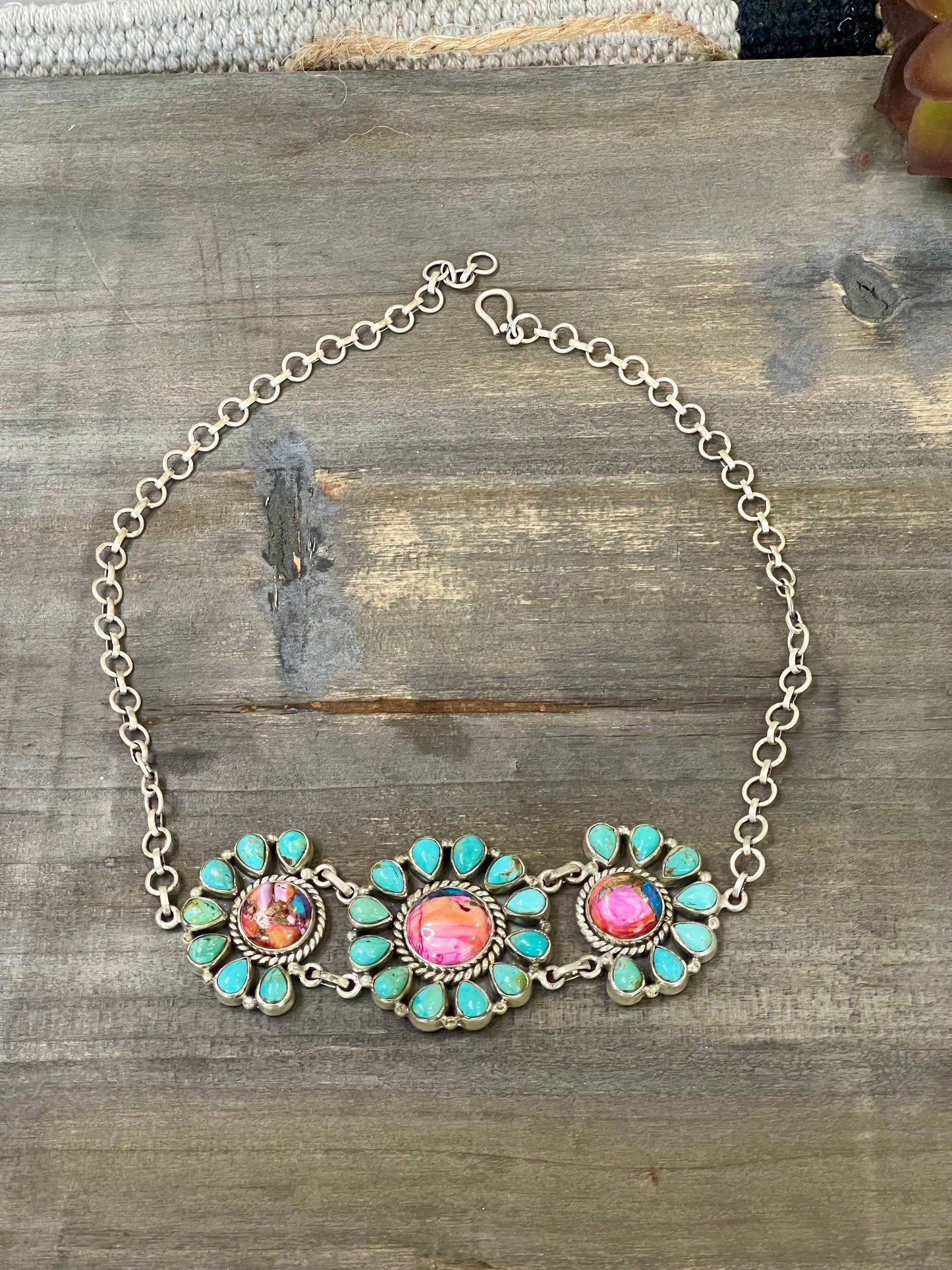 Handmade Sterling Silver, Turquoise & Pink Dream Mojave Necklace