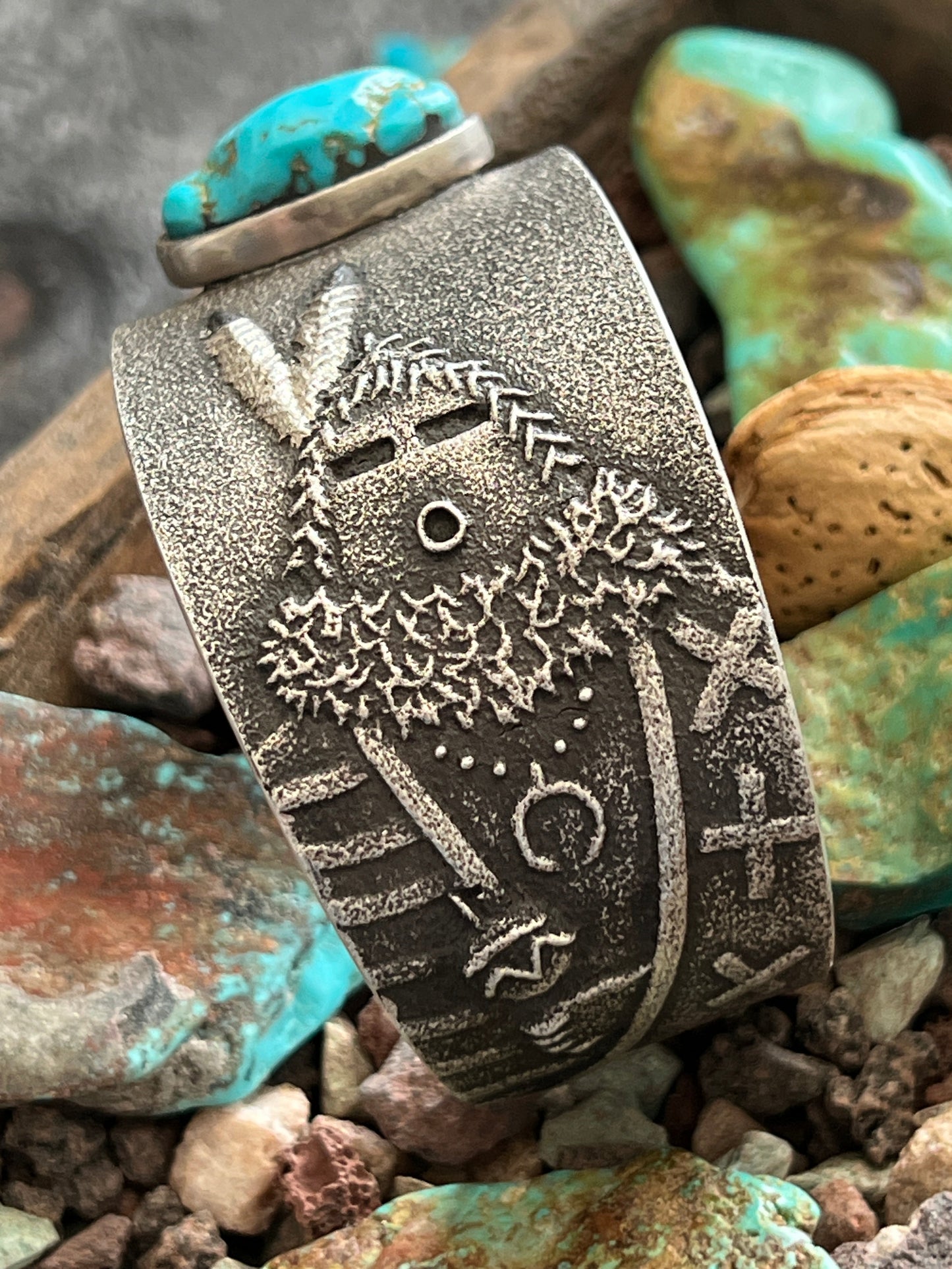 Handcrafted Tufa Cast Sterling Mudhead Cuff Bracelet with Kingman Turquoise by Lee Begay