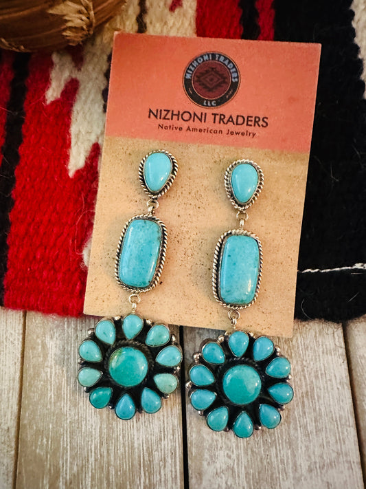 Handcrafted Sterling Silver & Turquoise Cluster Dangle Earrings