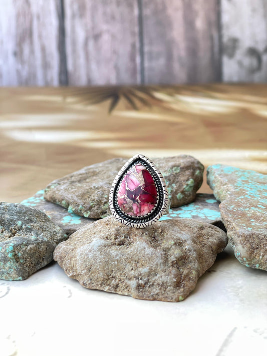 Beautiful Handmade Dahlia Rose And Sterling Silver Adjustable Teardrop Shape Ring