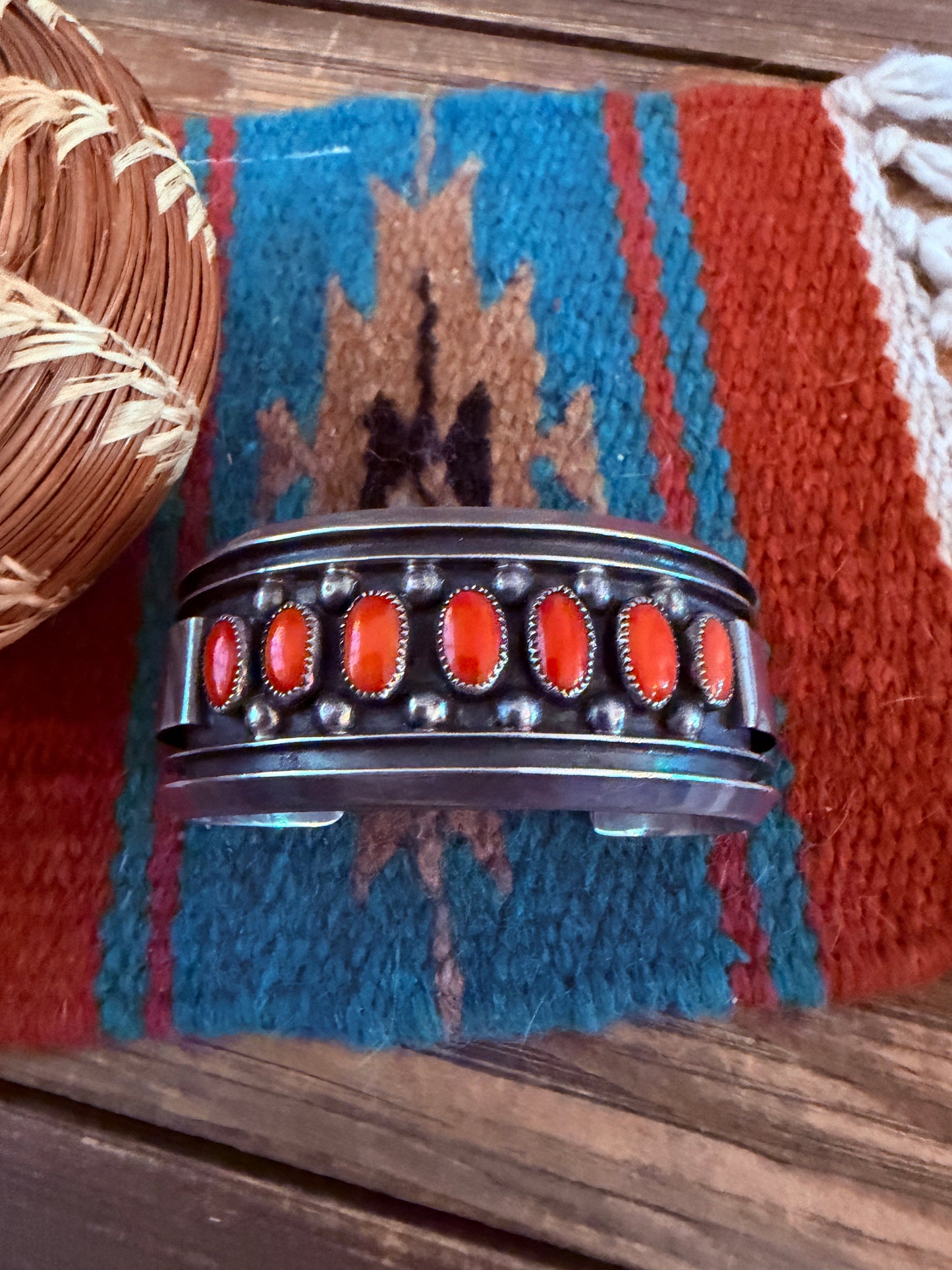 Handcrafted Old Pawn Sterling Silver & Coral Cuff Bracelet
