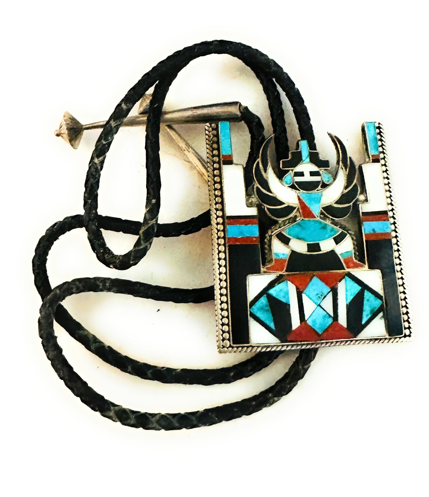 Vintage Old Pawn Handcrafted Multi Stone & Sterling Silver Inlay Knifewing Bolo Tie
