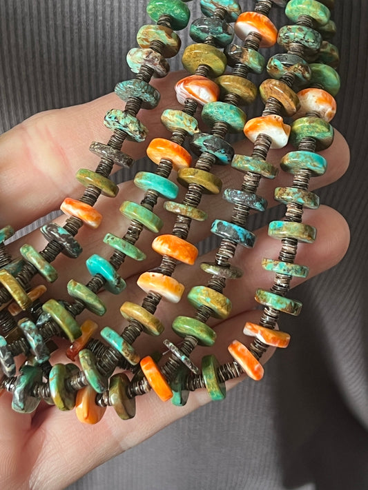 Gorgeous Handcrafted Five Strand Spiny Oyster, Turquoise and Heishi Squaw Wrap Beaded Necklace