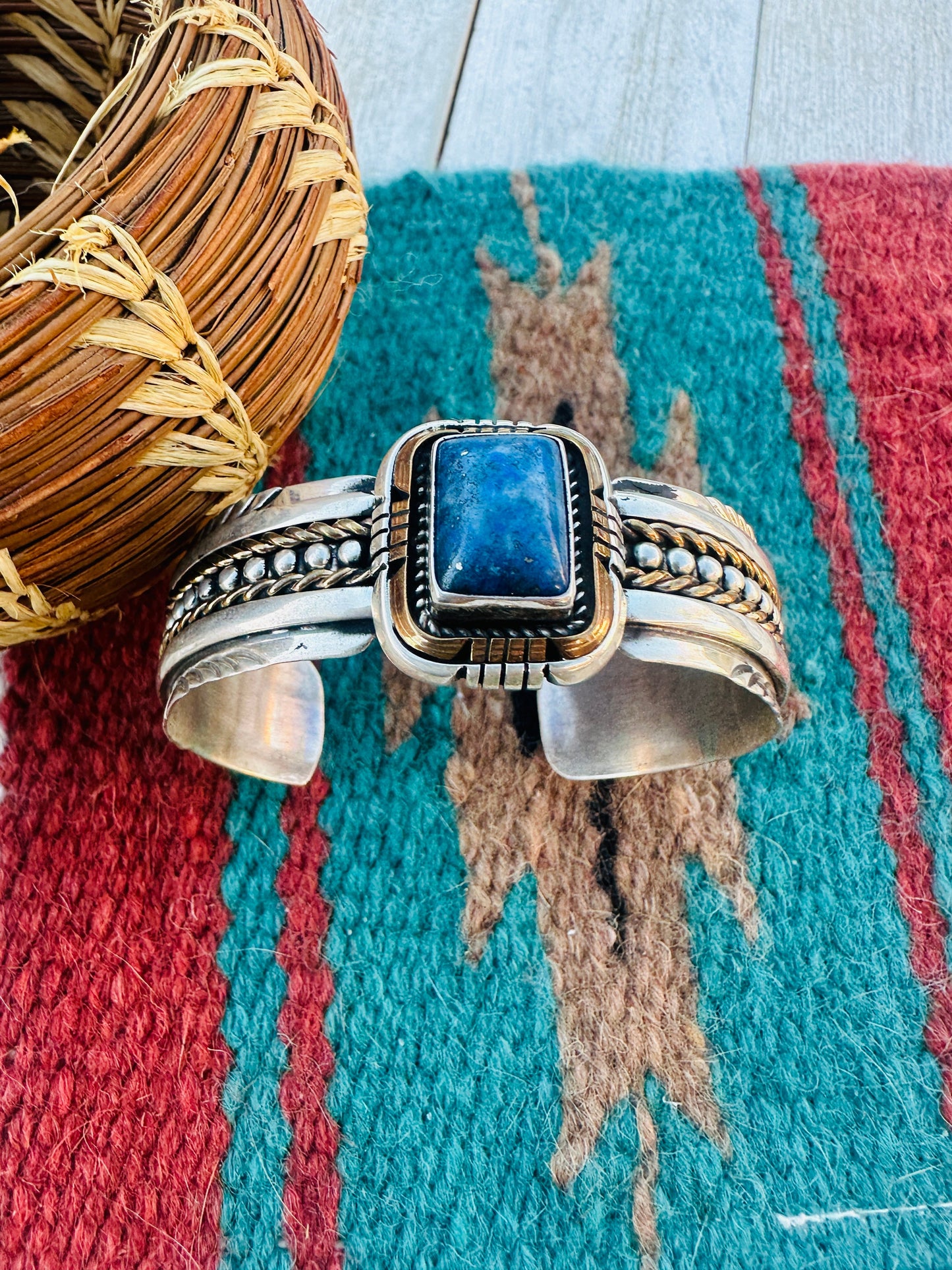 Handcrafted Old Pawn Sterling Silver & Lapis Cuff Bracelet by J. W. Toadlena