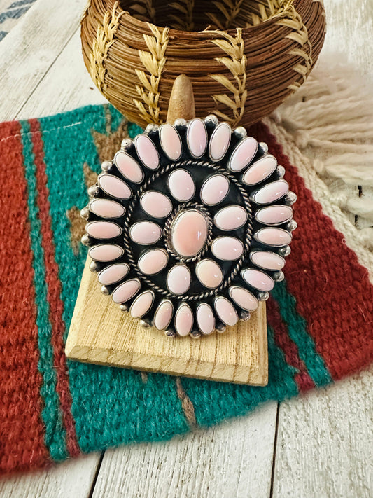 Sterling Silver & Queen Pink Conch Cluster Adjustable Ring
