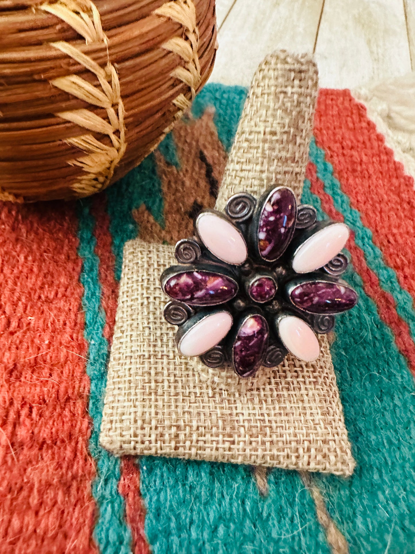Handcrafted Queen Pink Conch, Purple Spiny & Sterling Silver Adjustable Ring by Jacqueline Silver
